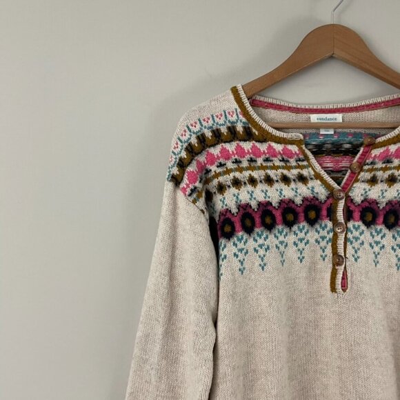 Sundance Innis Fair Isle Cream Cotton Knit Henley Sweater Size Small - Picture 6 of 6
